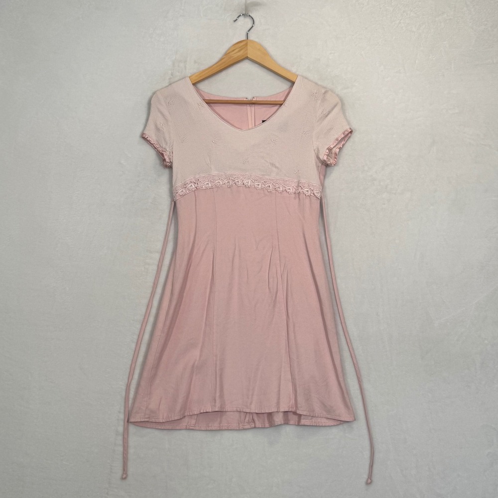 Brioche Pink Lace Trim Empire Waist Mini Dress Size 3/4